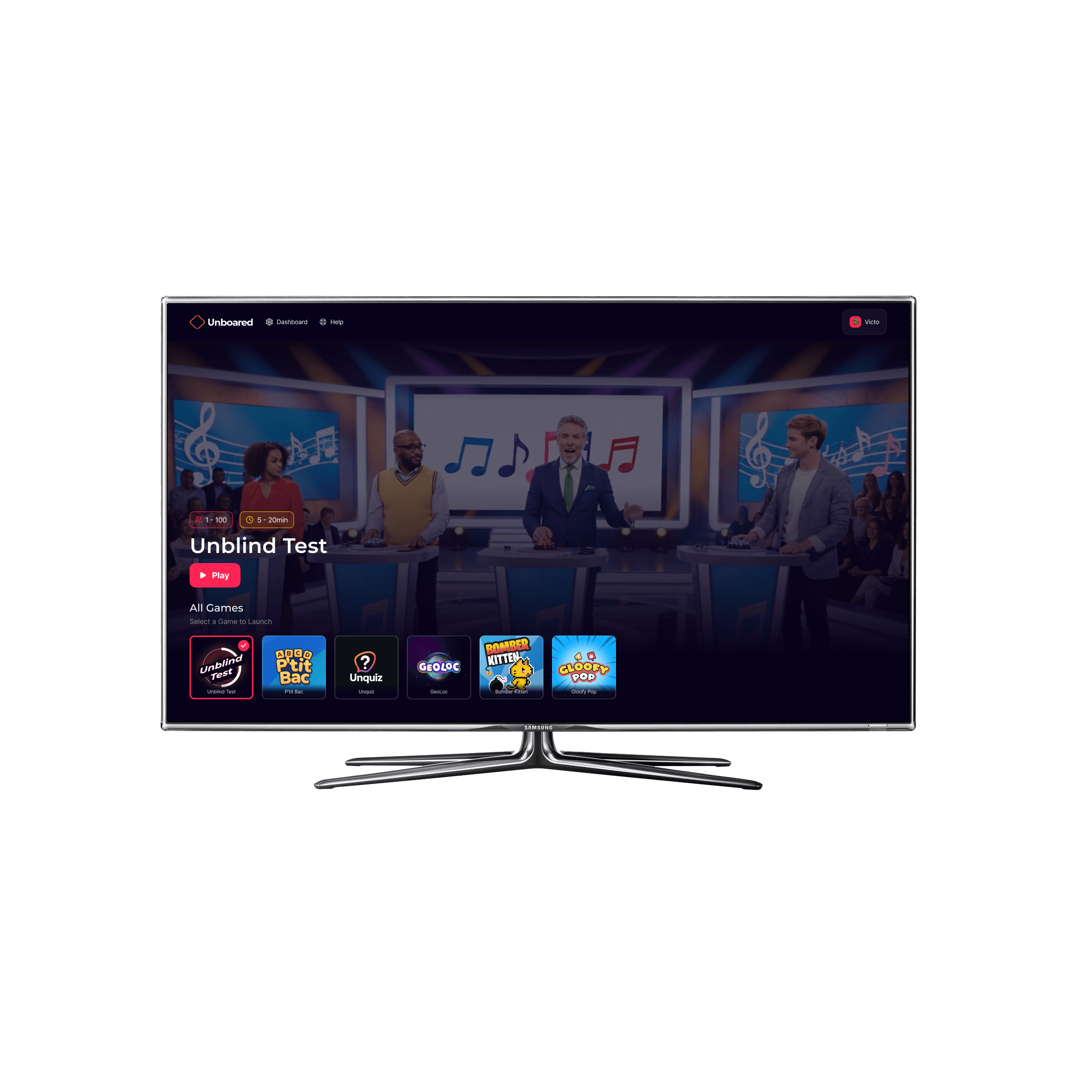 Le catalogue de jeux Unboared affiché sur une TV, avec le QR code à scanner